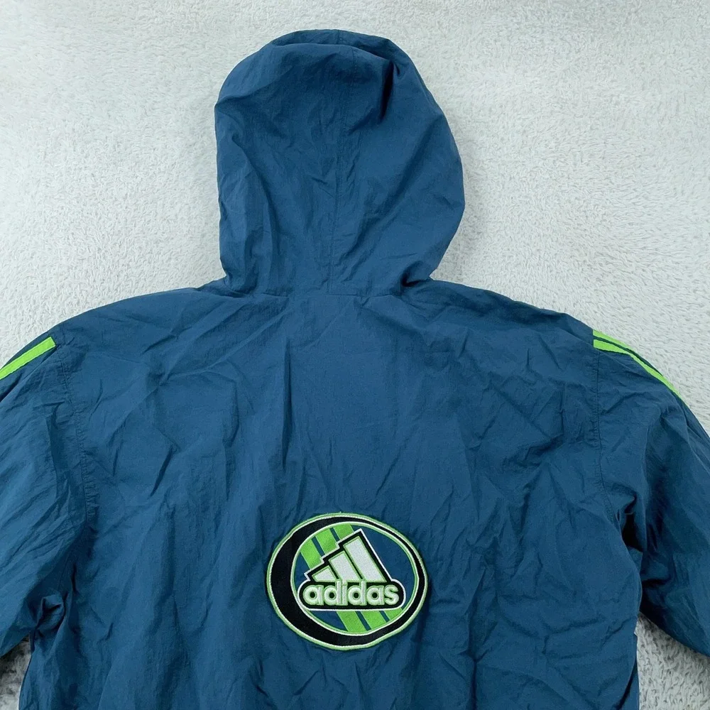 Vtg Adidas Hooded Windbreaker Jacket Mens L CROP FIT Blue Green Zip Three Stripe